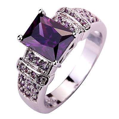 Charming Amethyst Sapphire Gemstone Ring White Gold Filled - Size 8