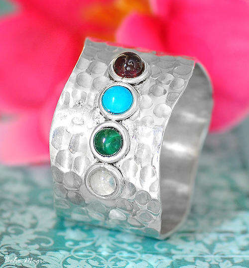TURQUOISE GARNET MALACHITE 925 STERLING SILVER RING - Size 9.5