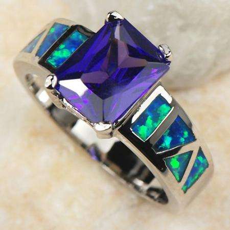 925 Sterling Silver Filled Blue Fire Opal Amethyst Ring - Size 8