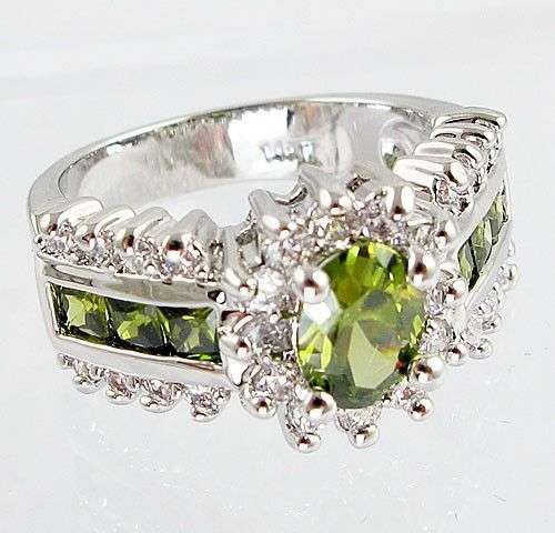Oval Cut Peridot and White Topaz Ring - Size 8