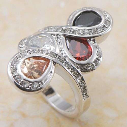 Morganite, Garnet, White Topaz & Black Onyx 925 Silver Gemstone Ring - Size 7