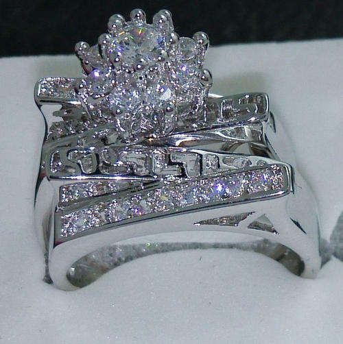 10kt White Gold Filled White Topaz Gemstone Wedding Ring Set - Size 8