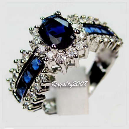 Blue Sapphire CZ 10KT White Gold Filled Ring - Size 8