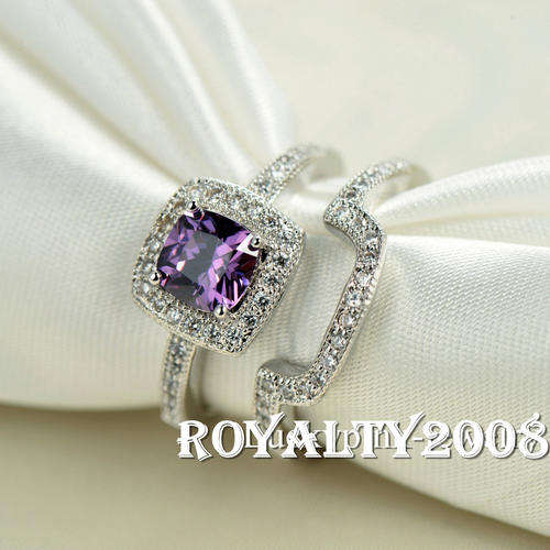10kt  White Gold Filled & Purple topaz Wedding Ring Set - Size 8