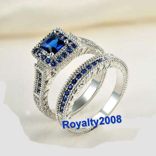 White Gold Filled & Blue Sapphire Wedding Ring Set - Size 8