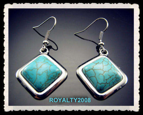 Tibetan Silver wrapped Charm Square Turquoise Hook Earrings