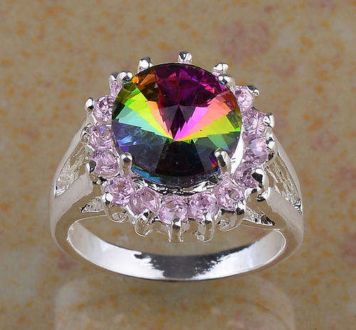FASHION RAINBOW TOPAZ PINK SILVER RING - Size 7
