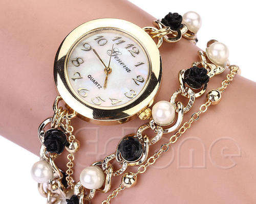 Women Faux Pearl Rose Analog Quartz Wrist Watch & Bracelet