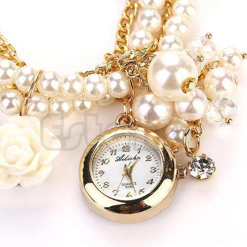 Women Faux Pearl Rose Analog Quartz Wrist Watch & Bracelet