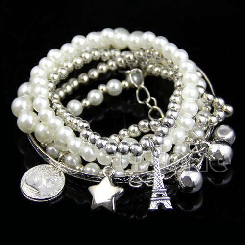 Unique Gold / Silver Metal Faux Pearl Multilayer Pendant Bracelet