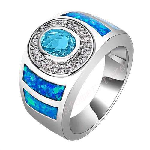 Grace Aquamarine Cr Diamonds and Opal Ring in White Gold filled - Size 9