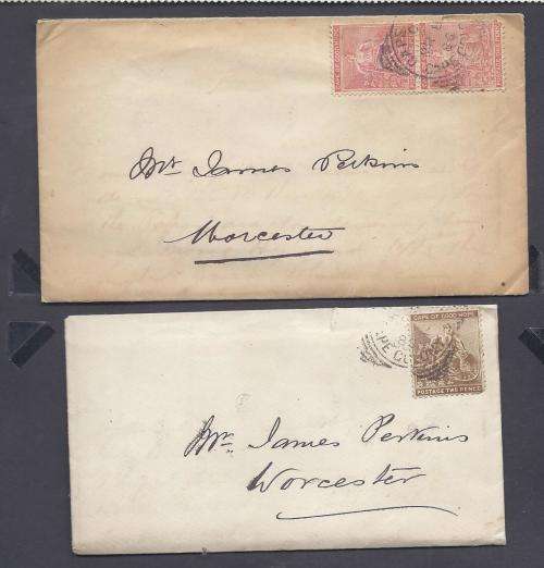 J.PERKINS COVERS,WORCESTER TO CAPE TOWN, 1886 WITH LETTERS INSIDE.
