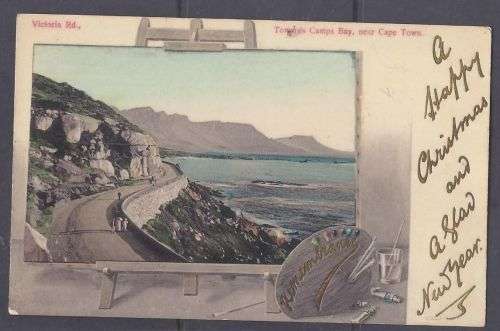 CHRISMAS CARD.VIC RD. TOWARDS CAMPS BAY.1908 USED.