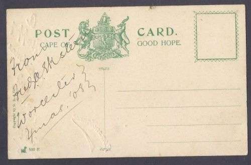 CHRISMAS CARD.VIC RD. TOWARDS CAMPS BAY.1908 USED.