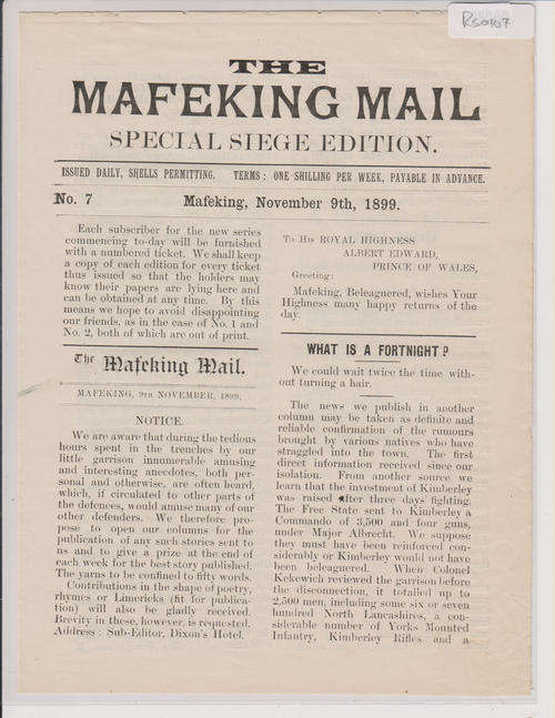 Mafikeng mail -Special Seige edition 9 Nov 1899
