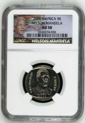 ***AU58***MANDELA 2000 SMILEY R5***AU58*** NGC NEW LABEL  5 COINS