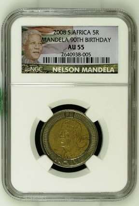 ***NEW LABEL NGC***AU55***MANDELA 2008 BIRTHDAY R5 2 COINS