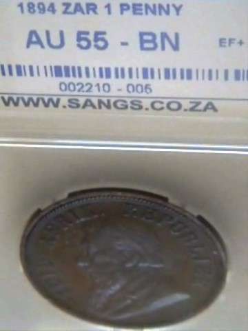 1894 ZAR PENNY GRADED AU55 BN BY SANGS