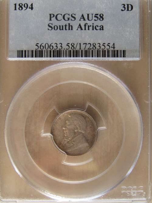 SUPER COIN : ZAR 1894 TICKEY PCGS GRADED AU58 : CV R35 000
