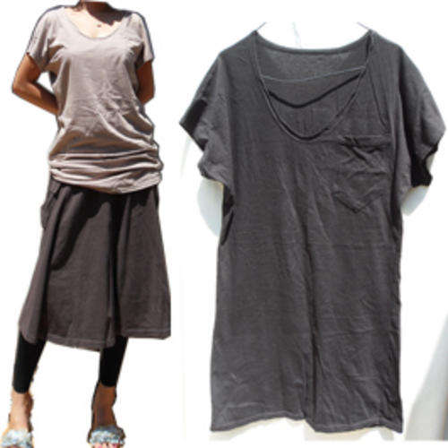 V Neck Bagic Short Sleeves Long Top with Poket