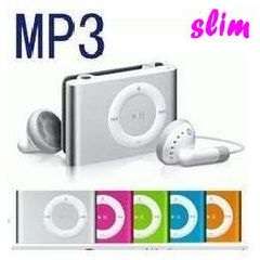 **SLIM**  metalic Mp3 player with rear clip, case, eaphones and usb cable.