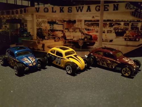 Hot Wheels Custom Volkswagen Beetle, Blue, Yellow and Red lot of 3