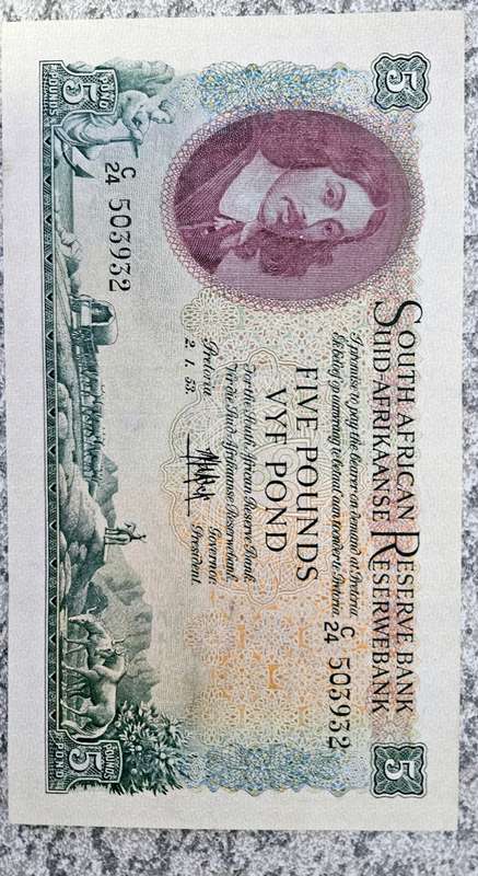 South Africa:P-97b, 5 Pounds, 1953 Jan van Riebeeck