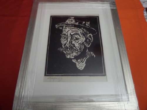 Gregoire Boonzaier (1909-2005) linocut Old man with hat dated 1979