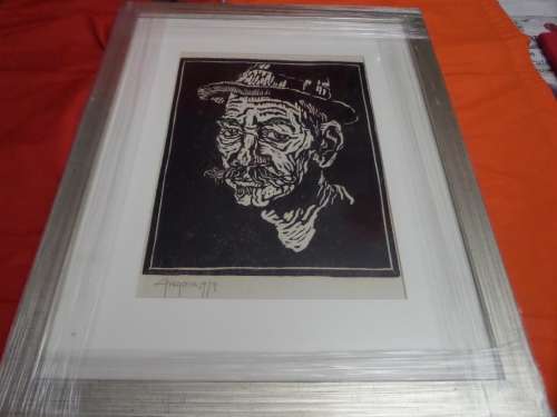 Gregoire Boonzaier (1909-2005) linocut Old man with hat dated 1979