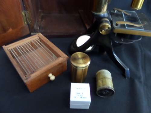 H Hughes & Sons Ltd Microscope 1917 with Accessories in Wooden Box  26 cm