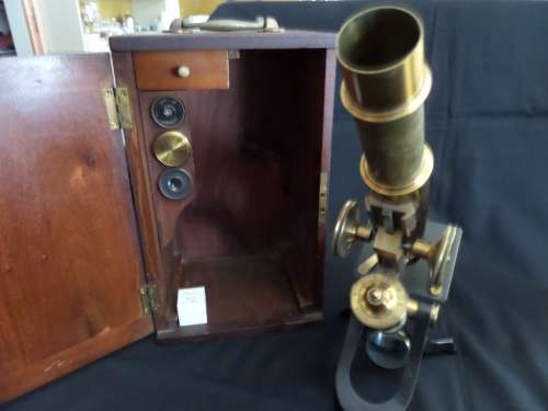 H Hughes & Sons Ltd Microscope 1917 with Accessories in Wooden Box  26 cm