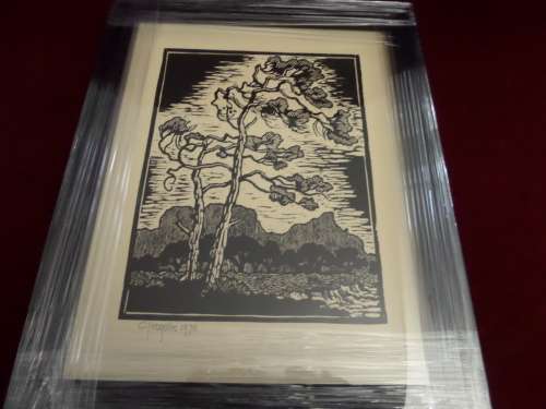 Gregoire Boonzaier (1909-2005) linocut Windswept Pine trees dated 1978 in a beautiful frame