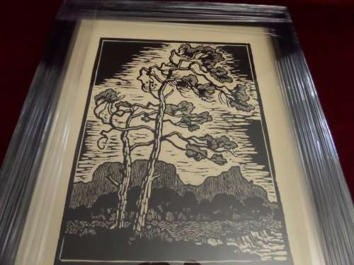 Gregoire Boonzaier (1909-2005) linocut Windswept Pine trees dated 1978 in a beautiful frame