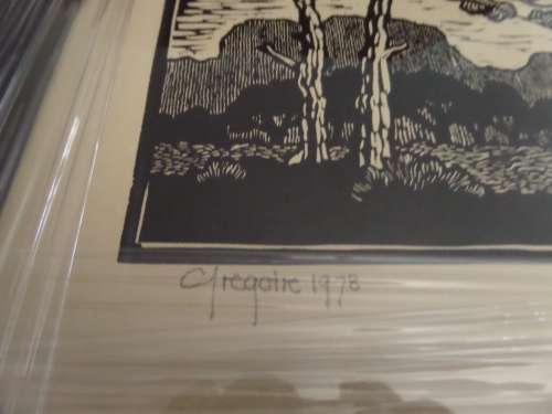 Gregoire Boonzaier (1909-2005) linocut Windswept Pine trees dated 1978 in a beautiful frame