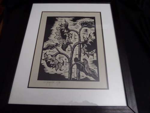 Gregoire Boonzaier (1909-2005) linocut Sunflowers dated 1978 in a beautiful frame