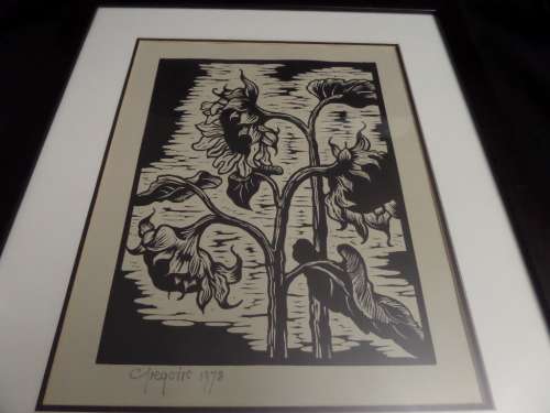 Gregoire Boonzaier (1909-2005) linocut Sunflowers dated 1978 in a beautiful frame
