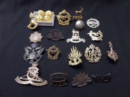 22 x Military Badges and Buttons (bid for the lot) Some lugs are missing