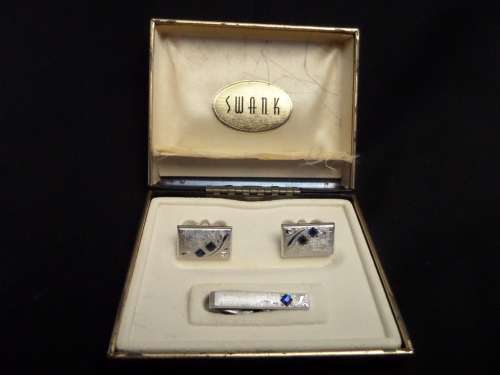 Swank Cufflinks and Tie Clip with Blue Stones in Original Box
