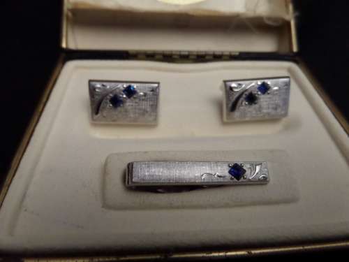 Swank Cufflinks and Tie Clip with Blue Stones in Original Box