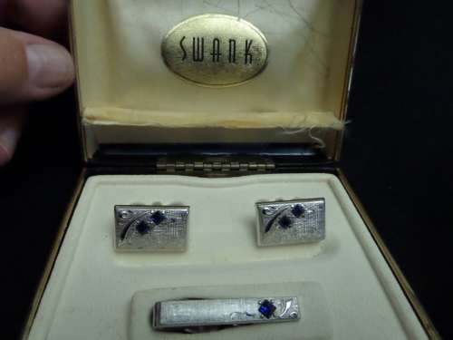 Swank Cufflinks and Tie Clip with Blue Stones in Original Box