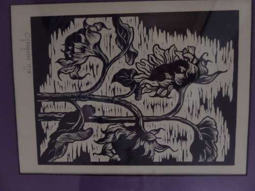 Linocut Gregoire Boonzaier(1909 - 2005) Sunflowers (1978) in Beautiful new frame(57cm x 47cm)