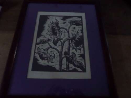 Linocut Gregoire Boonzaier 1909 - 2005 Sunflowers 1978 in a Beautiful Frame