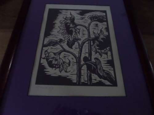 Linocut Gregoire Boonzaier 1909 - 2005 Sunflowers 1978 in a Beautiful Frame
