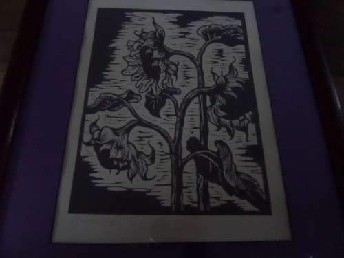 Linocut Gregoire Boonzaier 1909 - 2005 Sunflowers 1978 in a Beautiful Frame