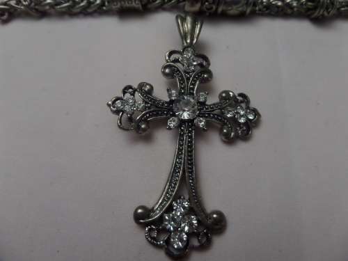Heavy Necklace with markings(D&H) and Cross Clip on Pendant with White Stone