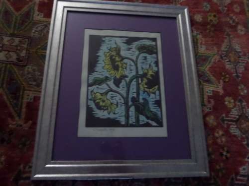 Linocut Gregoire Boonzaier 1909 -2005 Sunflowers 1978 in Beautiful Frame