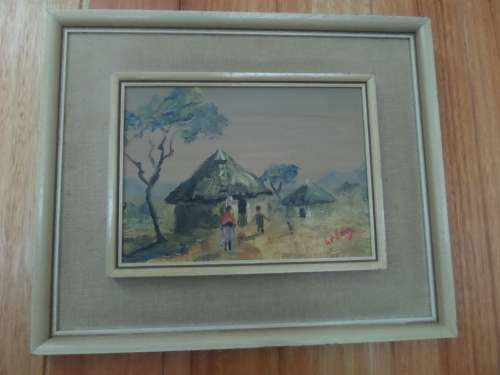 Oil on Board - Africain Huts -Artist Green -37cm x 31cm