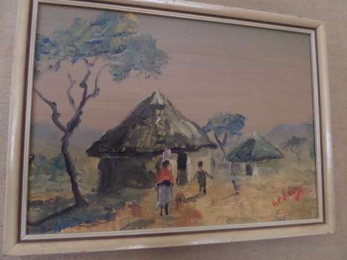 Oil on Board - Africain Huts -Artist Green -37cm x 31cm