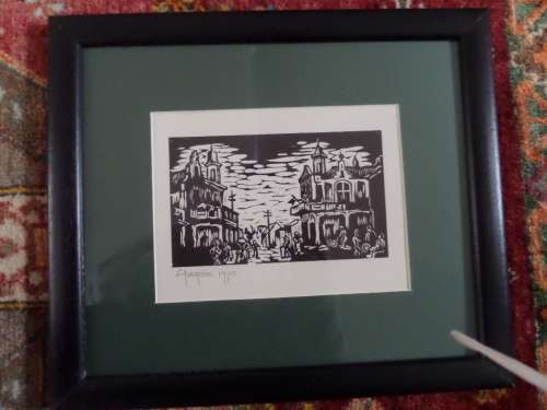 Gregoire  Boonzaier 1909  -  2005  - Linocut - Street Scene Bo Kaap District Six  signed 1970