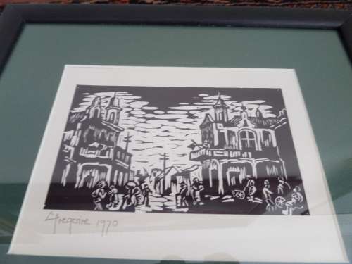 Gregoire  Boonzaier 1909  -  2005  - Linocut - Street Scene Bo Kaap District Six  signed 1970